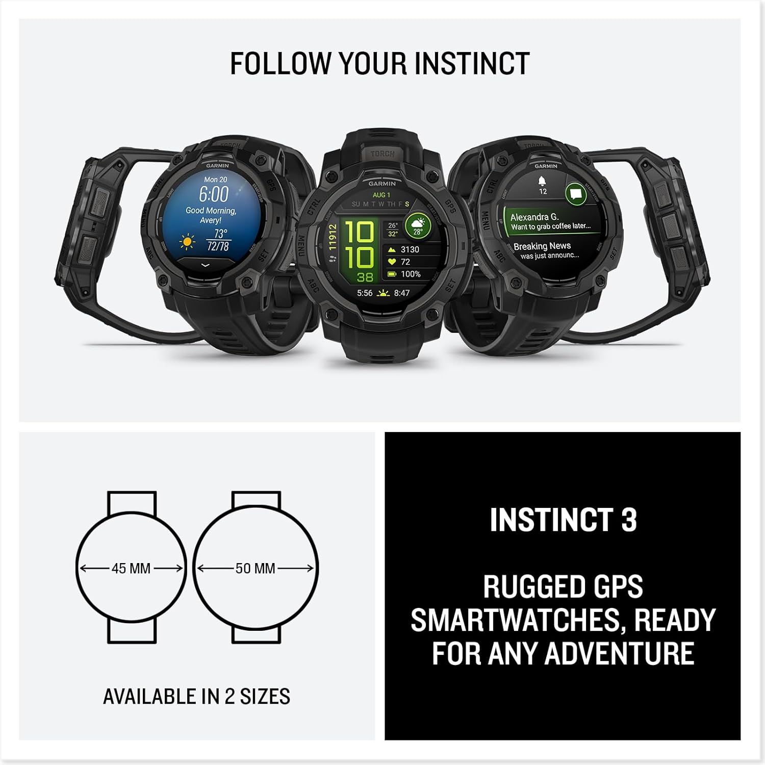 Garmin Instinct® 3 Tactical Edition, 50mm, Solar Charged Display, Rugged Outdoor GPS Smartwatch