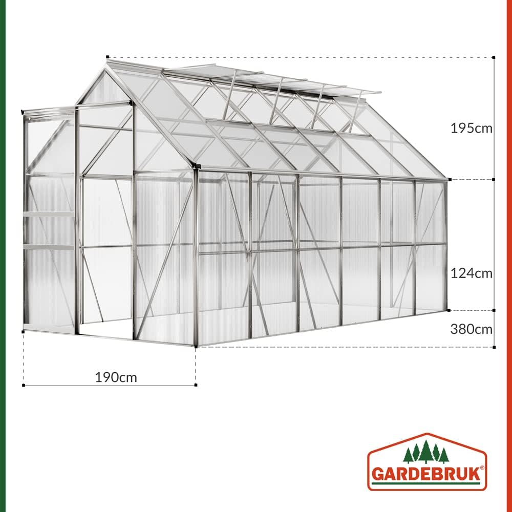 Gardebruk Aluminium Greenhouse 11,73m³ outdoor shelter for Plants, Vegetables Fruits 380x190cm 4 windows
