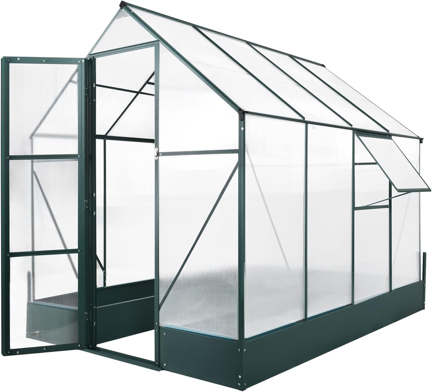 Outsunny Garden Walk-in Aluminium Greenhouse Polycarbonate with Plant Bed ,Temperature Controlled Window, Foundation, 6 x 8ft