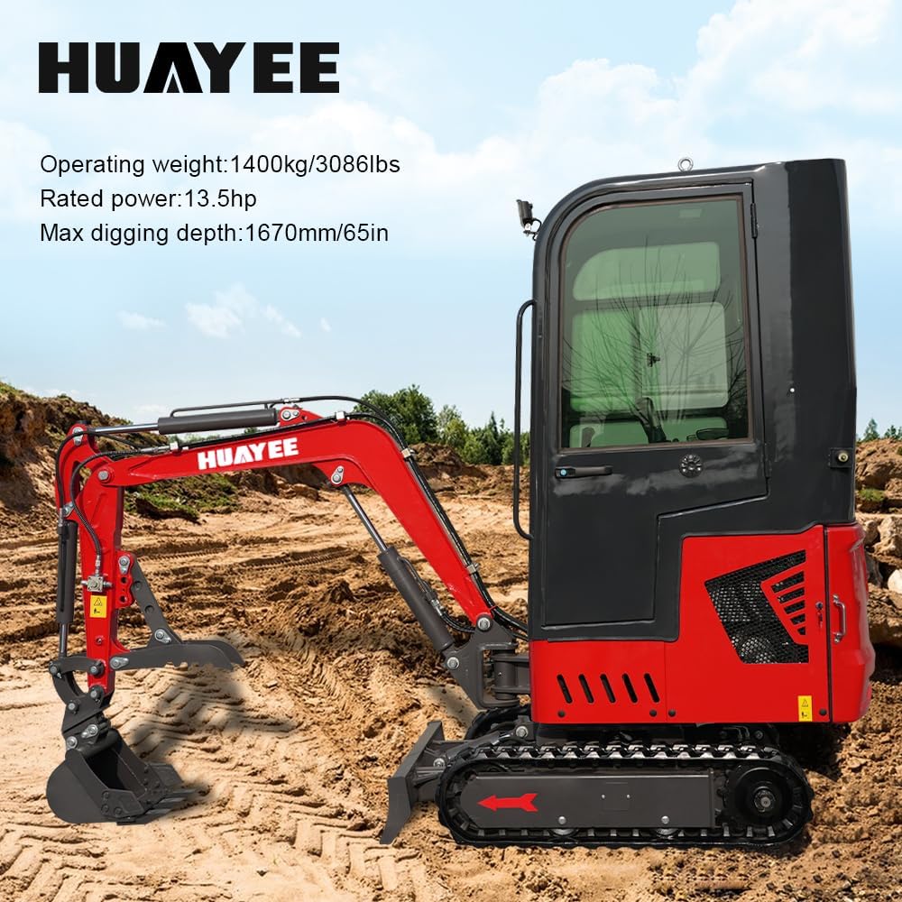 1.4T Mini Excavator with Cab, 13.5HP B&S Engine, Pilot Controls for Construction Landscaping, Includes Mechanical Thumb & Quick Coupler, Side Swing Booml, Includes delivery & unloading services