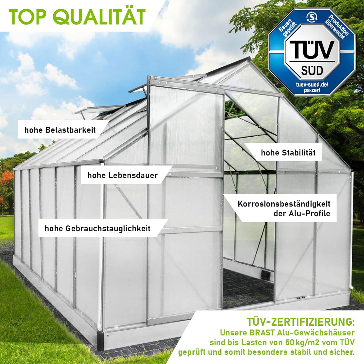 BRAST Aluminium Greenhouse with Base 380 x 250 x 205 cm, TÜV Tested, 6 mm Hollow Chamber Panels, Rustproof/Weatherproof/Temperature-Resistant