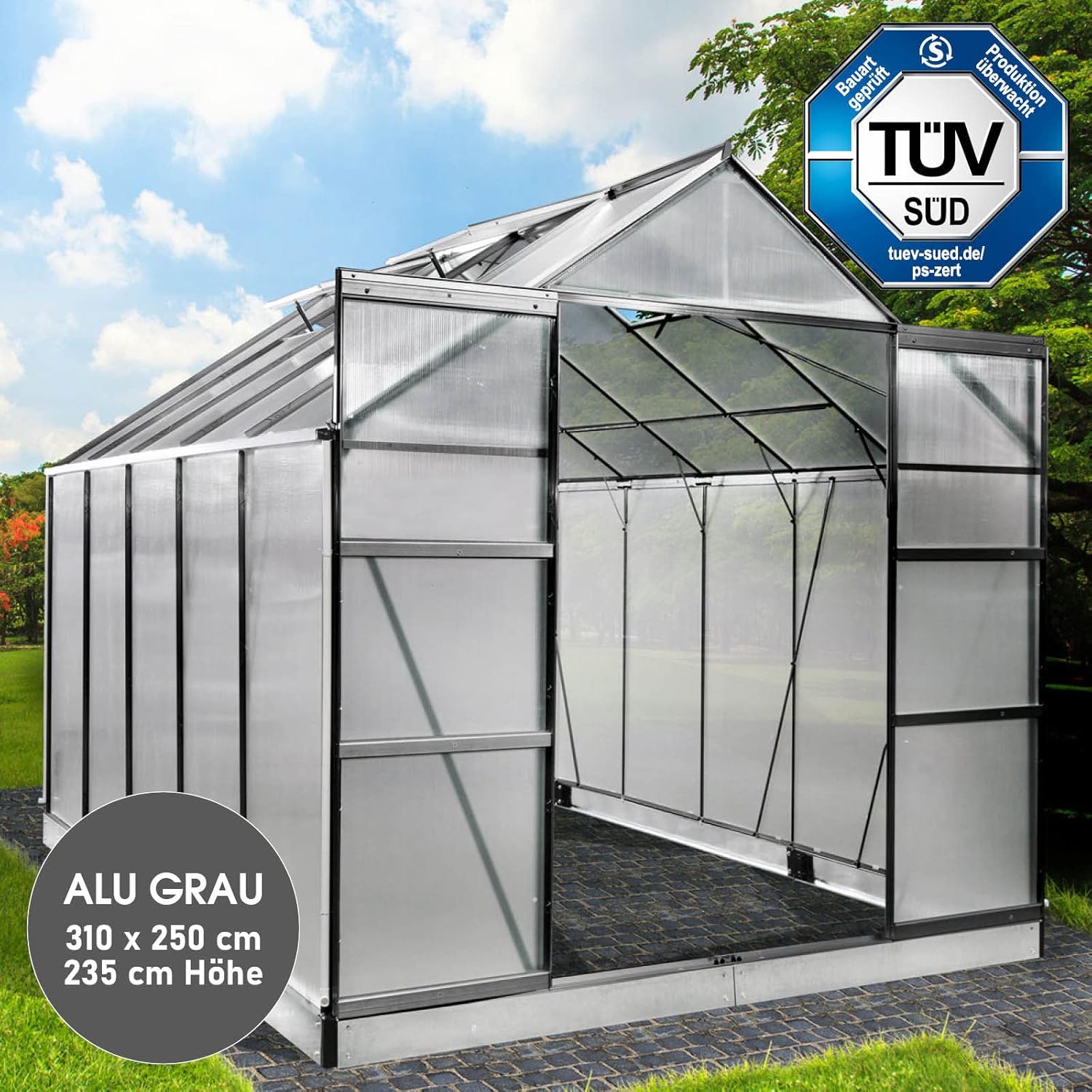 BRAST Aluminium Greenhouse with Base 310 x 250 x 235 cm, TÜV Tested, 6 mm Hollow Chamber Panels, Rustproof/Weatherproof/Temperature-Resistant