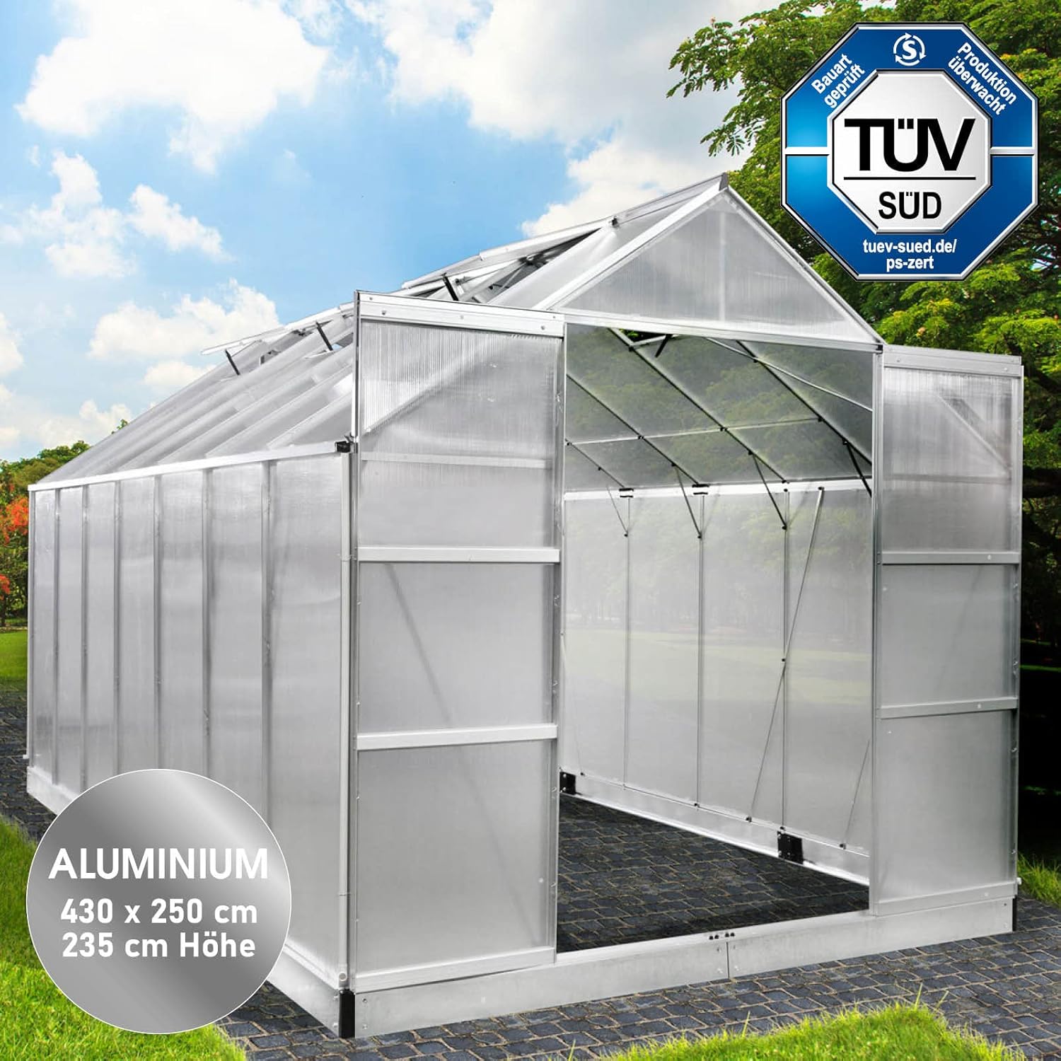BRAST Aluminium Greenhouse with Base 430 x 250 x 235 cm, TÜV Tested, 6 mm Hollow Chamber Panels, Rustproof/Weatherproof/Temperature-Resistant