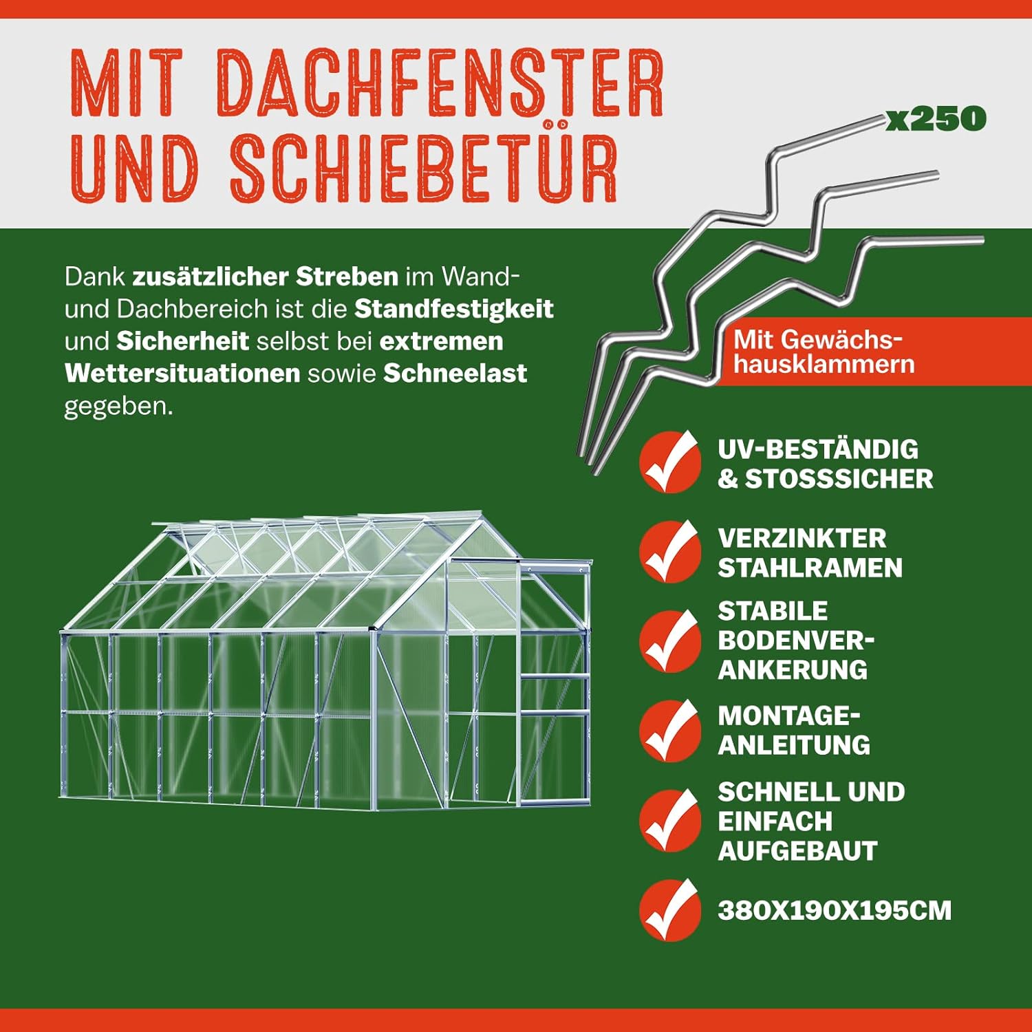 Gardebruk Aluminium Greenhouse 11,73m³ outdoor shelter for Plants, Vegetables Fruits 380x190cm 4 windows