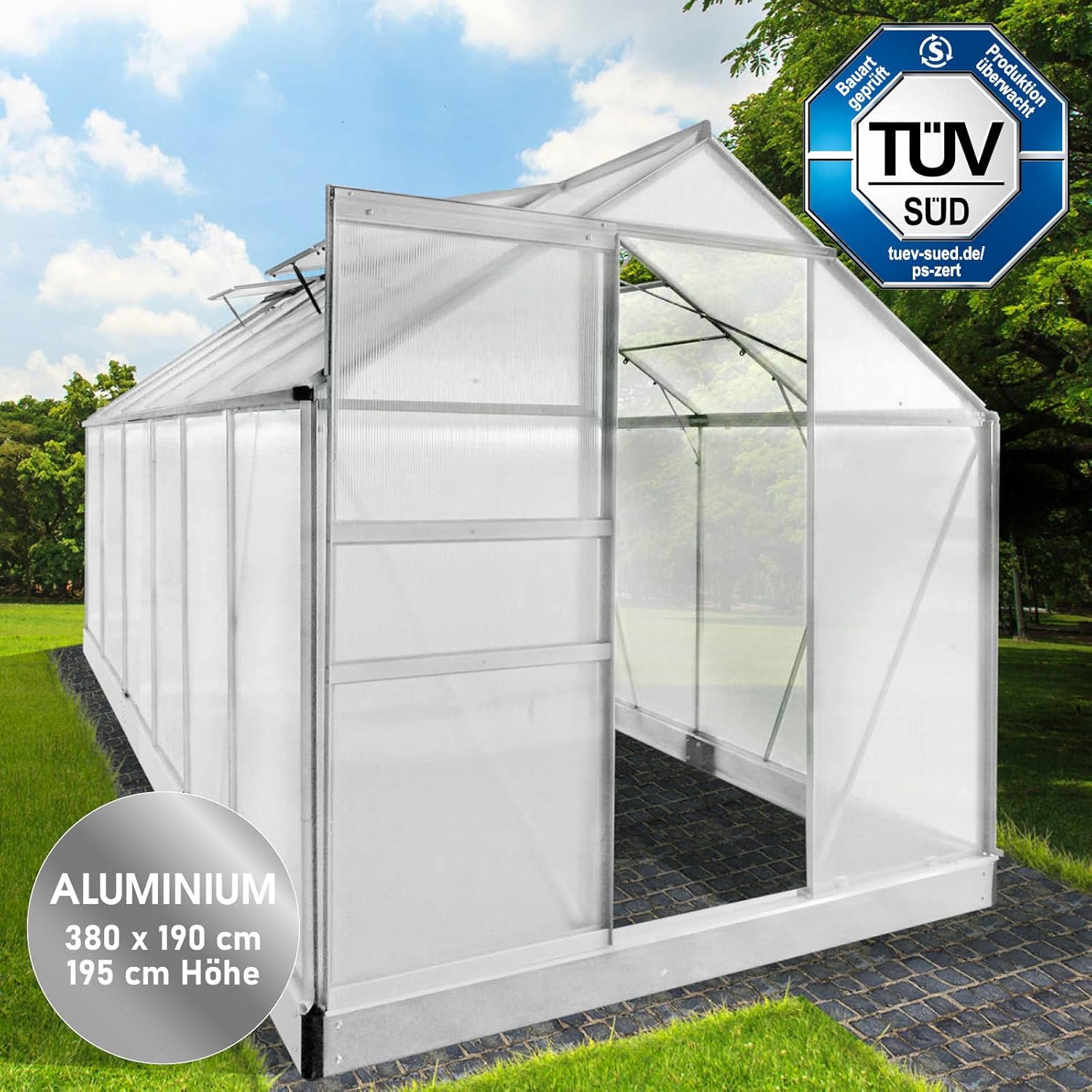 BRAST Aluminium Greenhouse with Base 380 x 190 x 195 cm, TÜV Tested, 6 mm Hollow Chamber Panels, Rustproof/Weatherproof/Temperature-Resistant