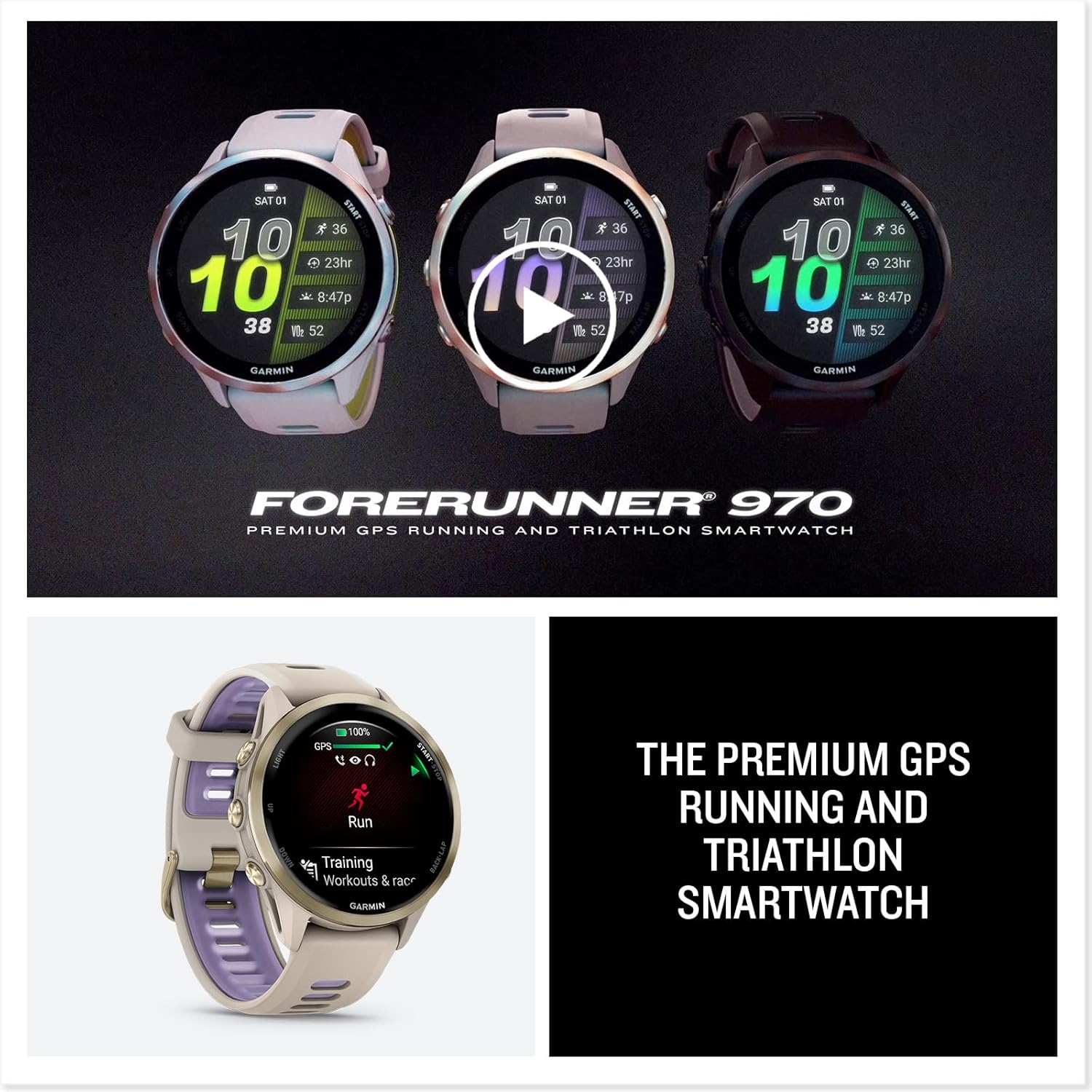 Garmin® Forerunner® 970, Premium GPS Running and Triathlon Smartwatch, AMOLED Display, Built-in LED Flashlight, Soft Gold Titanium with French Gray Case and French Gray/Translucent Indigo Band