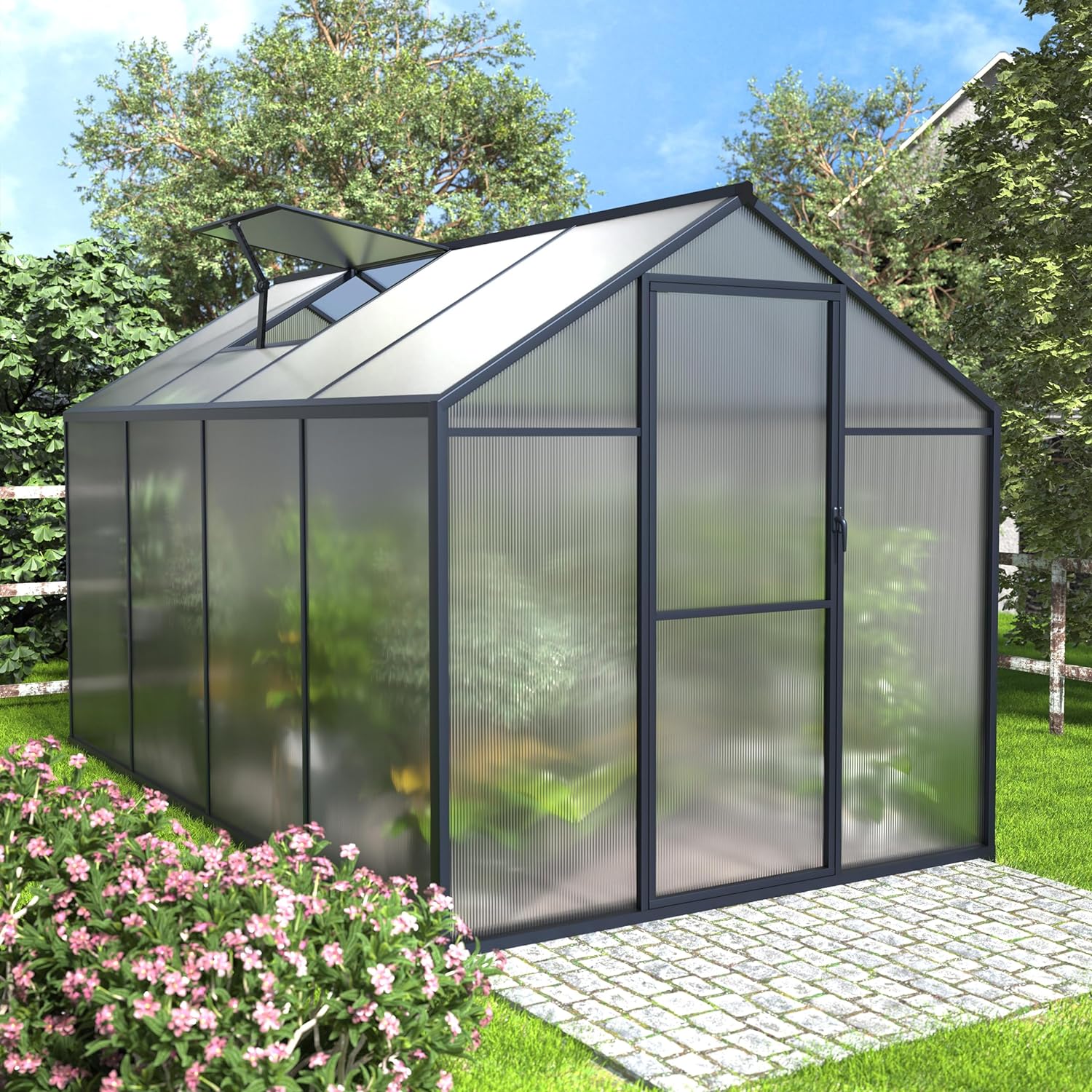 VEIKOU 6x8 FT Greenhouse, Upgraded Greenhouse for Outdoor with Sturdy Aluminum Frame Greenhouse with Vent & Lockable Door, Twin-Wall Polycarbonate Greenhouse, Gray