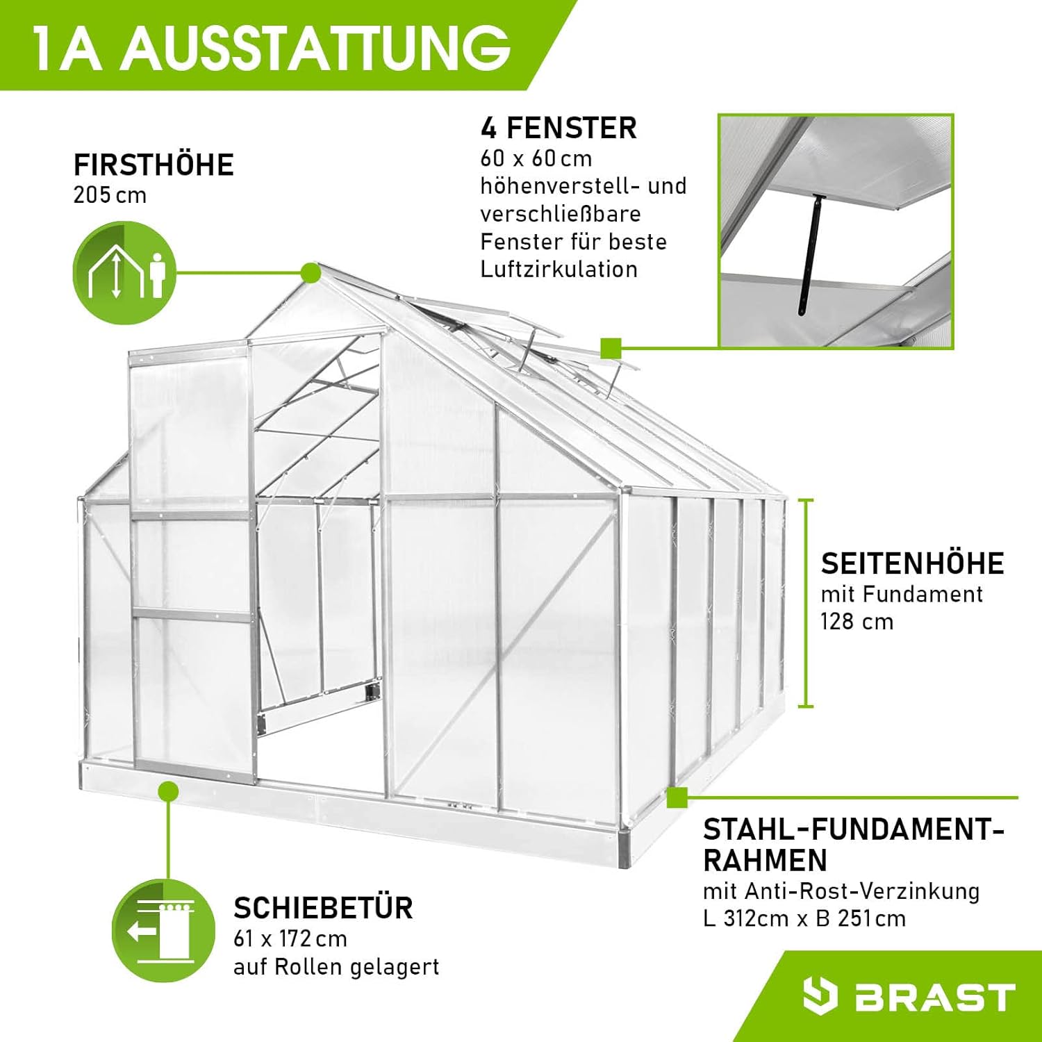 RAST Aluminium Greenhouse with Base 310 x 250 x 205 cm, TÜV Tested, 6 mm Hollow Chamber Panels, Rustproof/Weatherproof/Temperature-Resistant
