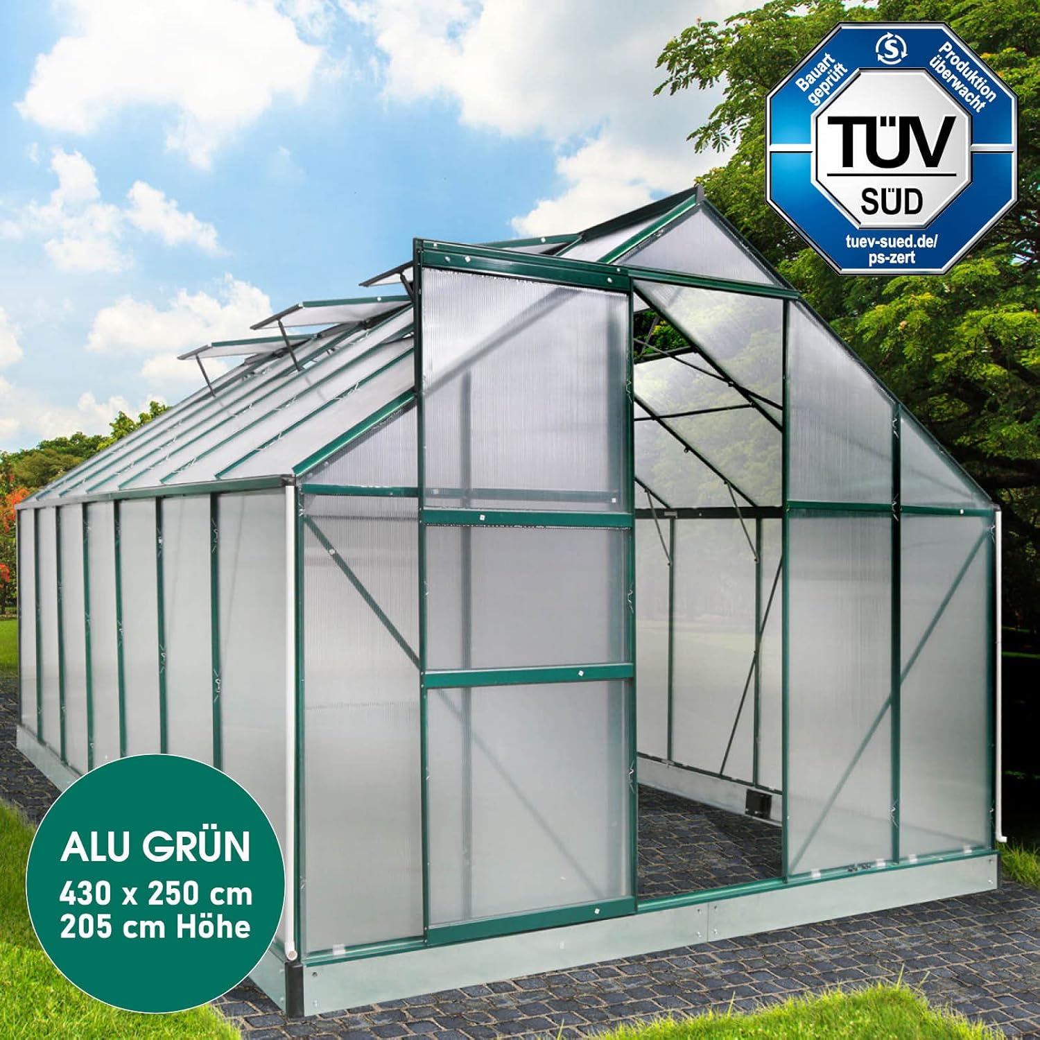 BRAST Aluminium Greenhouse with Base 430 x 250 x 205 cm, TÜV Tested, 6 mm Hollow Chamber Panels, Rustproof/Weatherproof/Temperature-Resistant