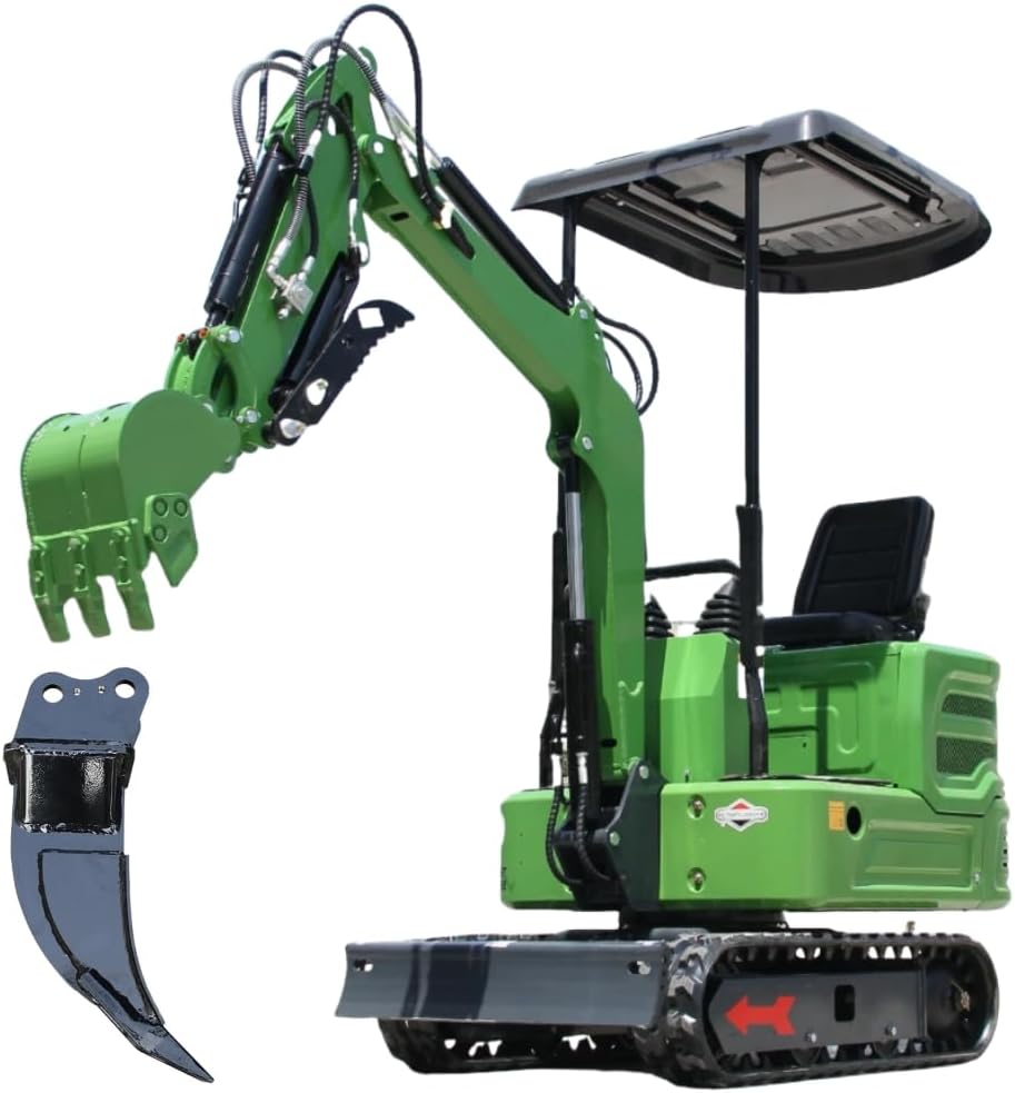 Domestic Gasoline Mini Excavator for Fathers Day, 1.2 Tons Crawler Digger with 13.5 HP B&S Engine, Hydraulic Thumb Clamp and Buckets, Work for Farm,Garden,Park,Construction Landscaping (Green1)