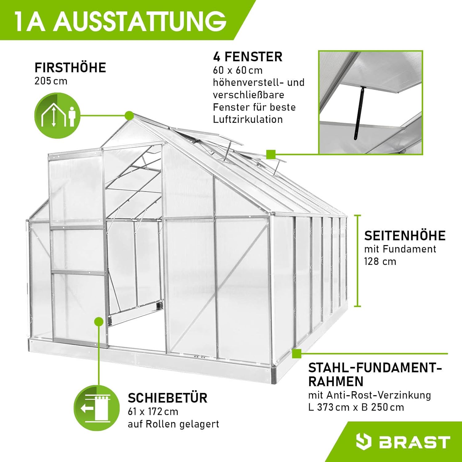 BRAST Aluminium Greenhouse with Base 380 x 250 x 205 cm, TÜV Tested, 6 mm Hollow Chamber Panels, Rustproof/Weatherproof/Temperature-Resistant