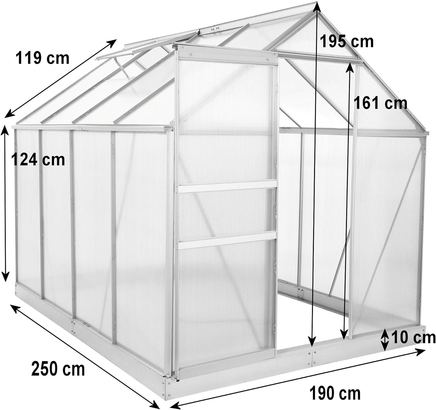 Zelsius Aluminium Garden Greenhouse in Various Sizes with Twin-wall Sheets, optionally with a Steel Base Frame