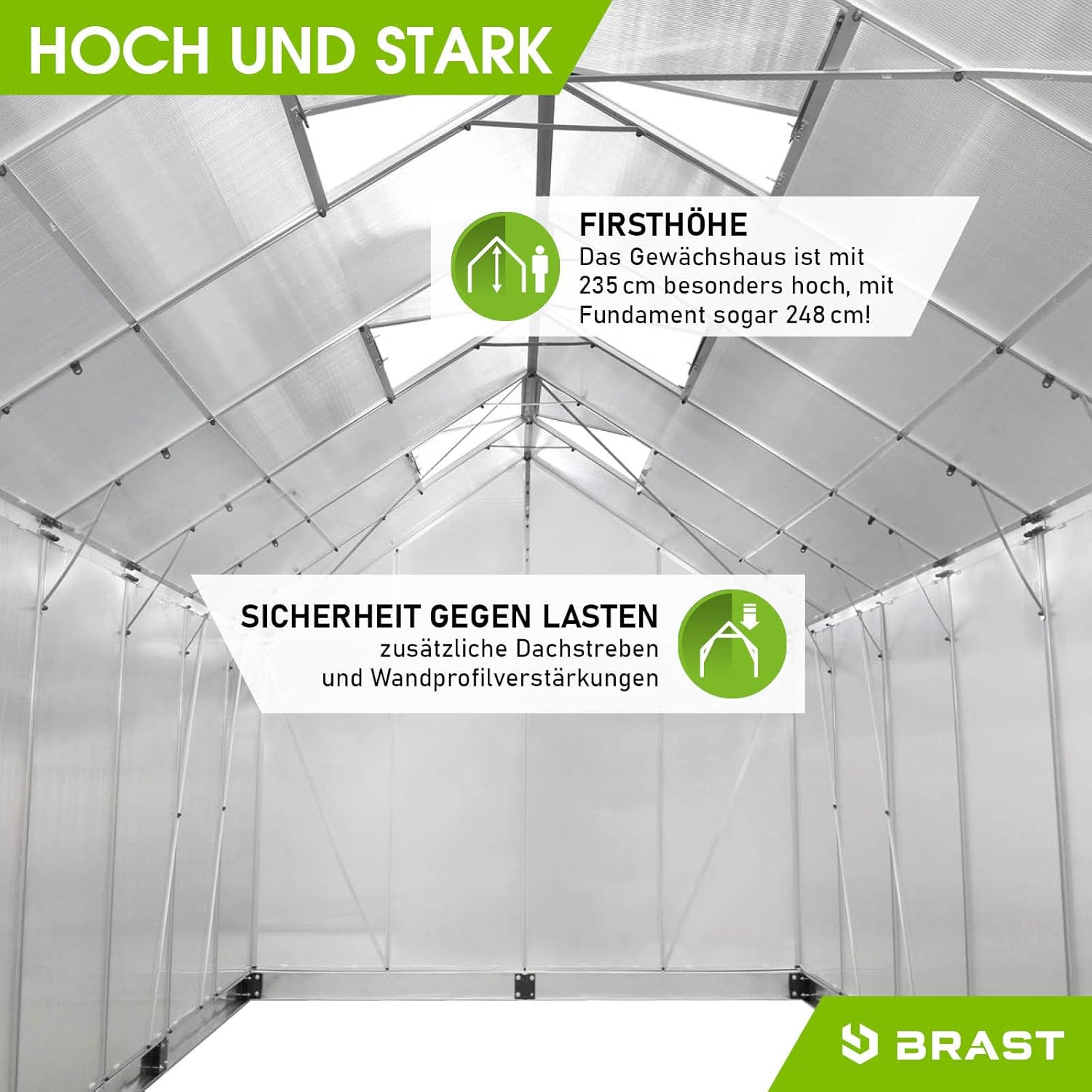 BRAST Aluminium Greenhouse with Base 430 x 250 x 235 cm, TÜV Tested, 6 mm Hollow Chamber Panels, Rustproof/Weatherproof/Temperature-Resistant