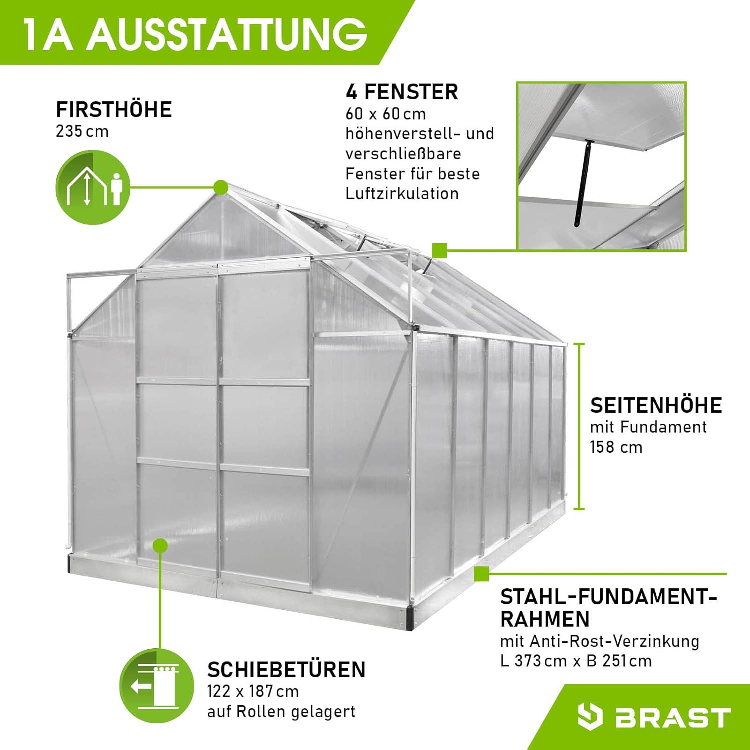 BRAST Aluminium Greenhouse with Base,380 x 250 x 235 cm, TÜV Tested, 6 mm Hollow Chamber Panels, Rustproof/Weatherproof/Temperature-Resistant