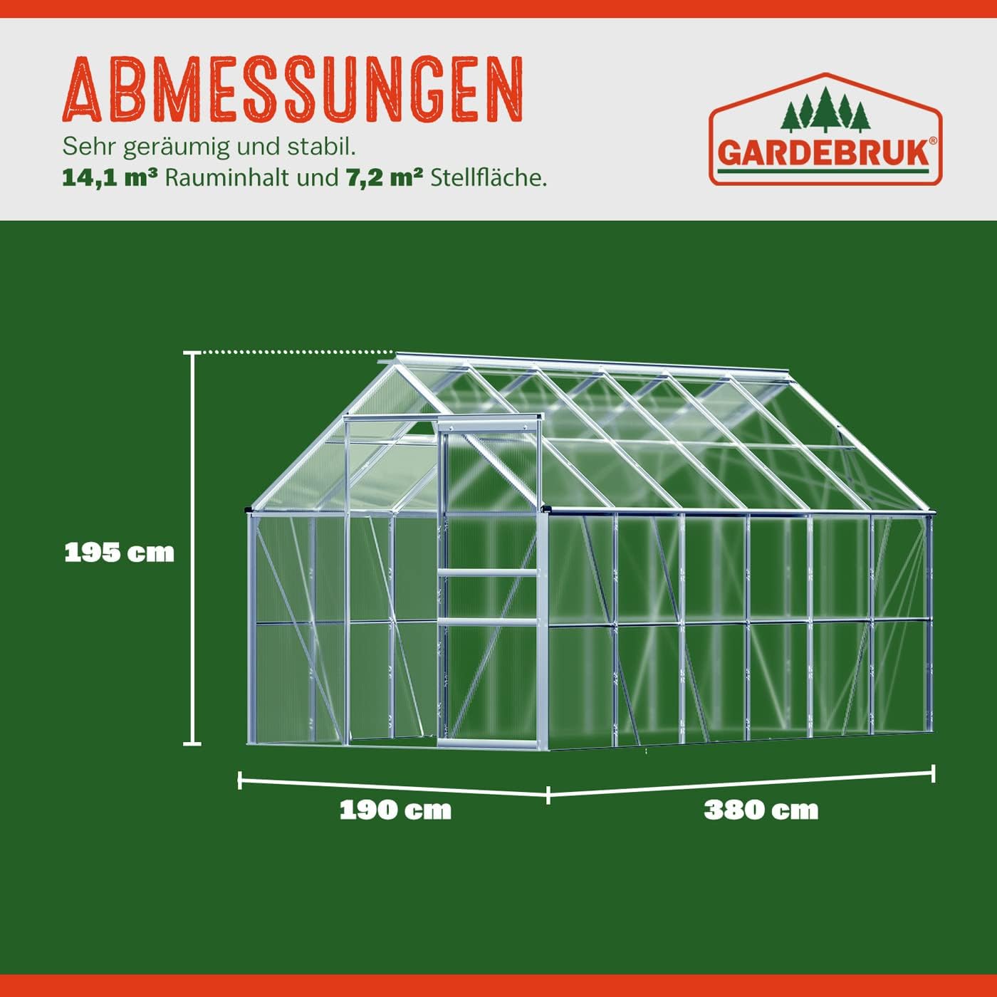 Gardebruk Aluminium Greenhouse 11,73m³ outdoor shelter for Plants, Vegetables Fruits 380x190cm 4 windows