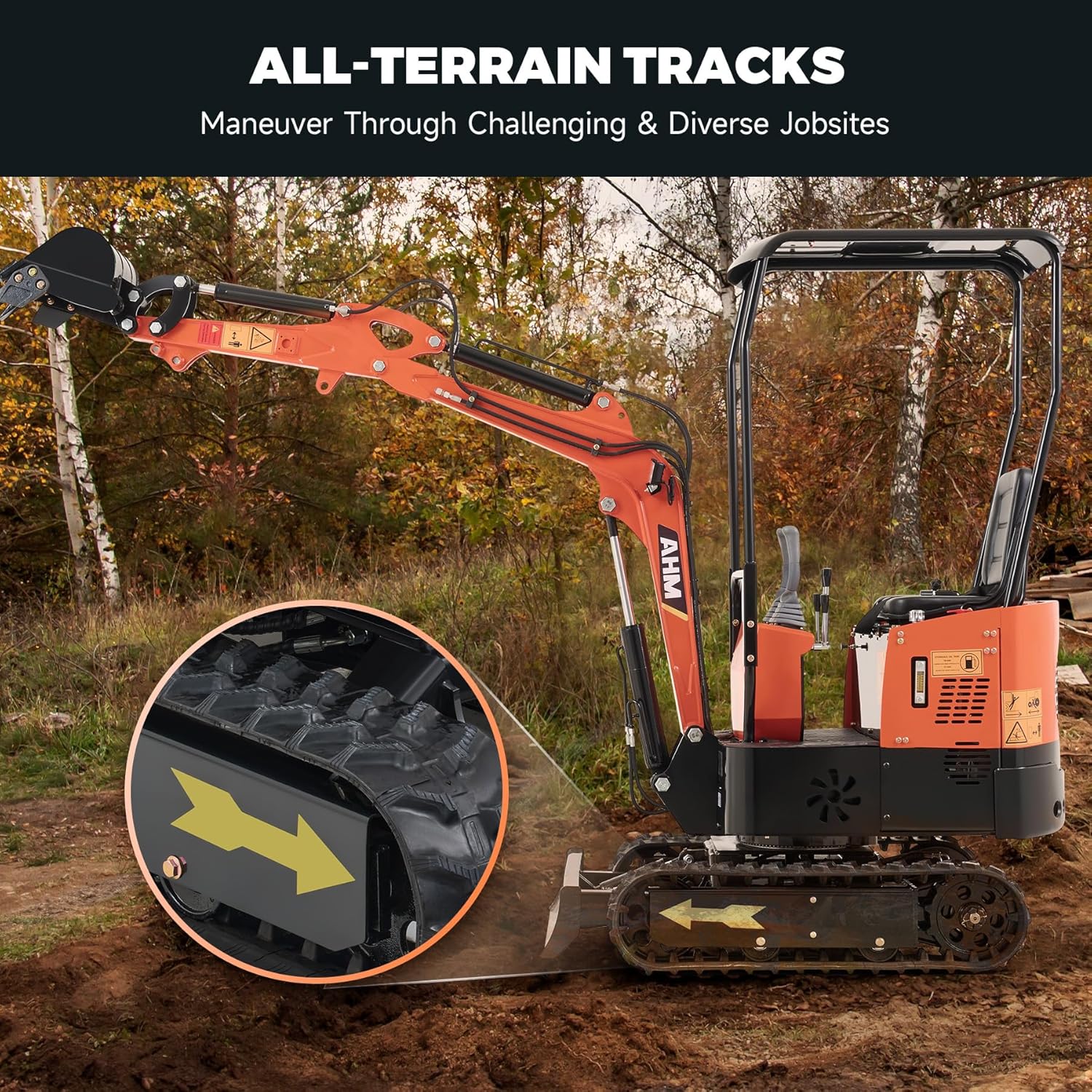 AHM Mini Excavator Machine, 1 Ton Mini Crawler Excavator with 13.5 hp EPA Certified Engine & All-Terrain Tracks, Trench Digger with Canopy & Adjustable Seat for Garden Farm Park Construction Site