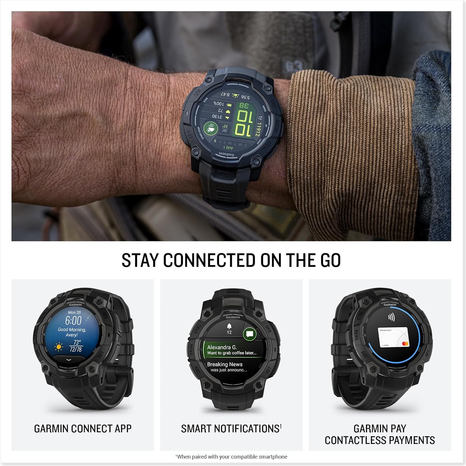 Garmin Instinct® 3 Tactical Edition, 50mm, Solar Charged Display, Rugged Outdoor GPS Smartwatch