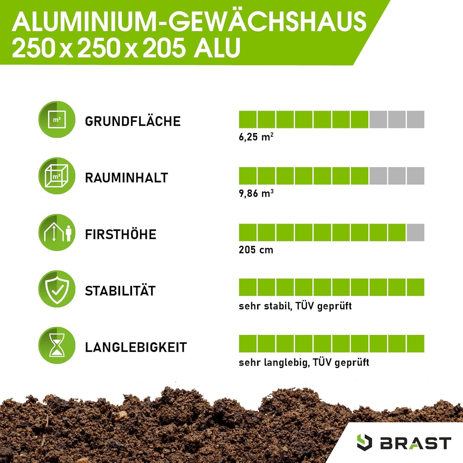 BRAST Aluminium Greenhouse with Base, 250 x 250 x 205 cm, TÜV Tested, 6 mm Hollow Chamber Panels Rustproof, Weatherproof, Temperature-Resistant