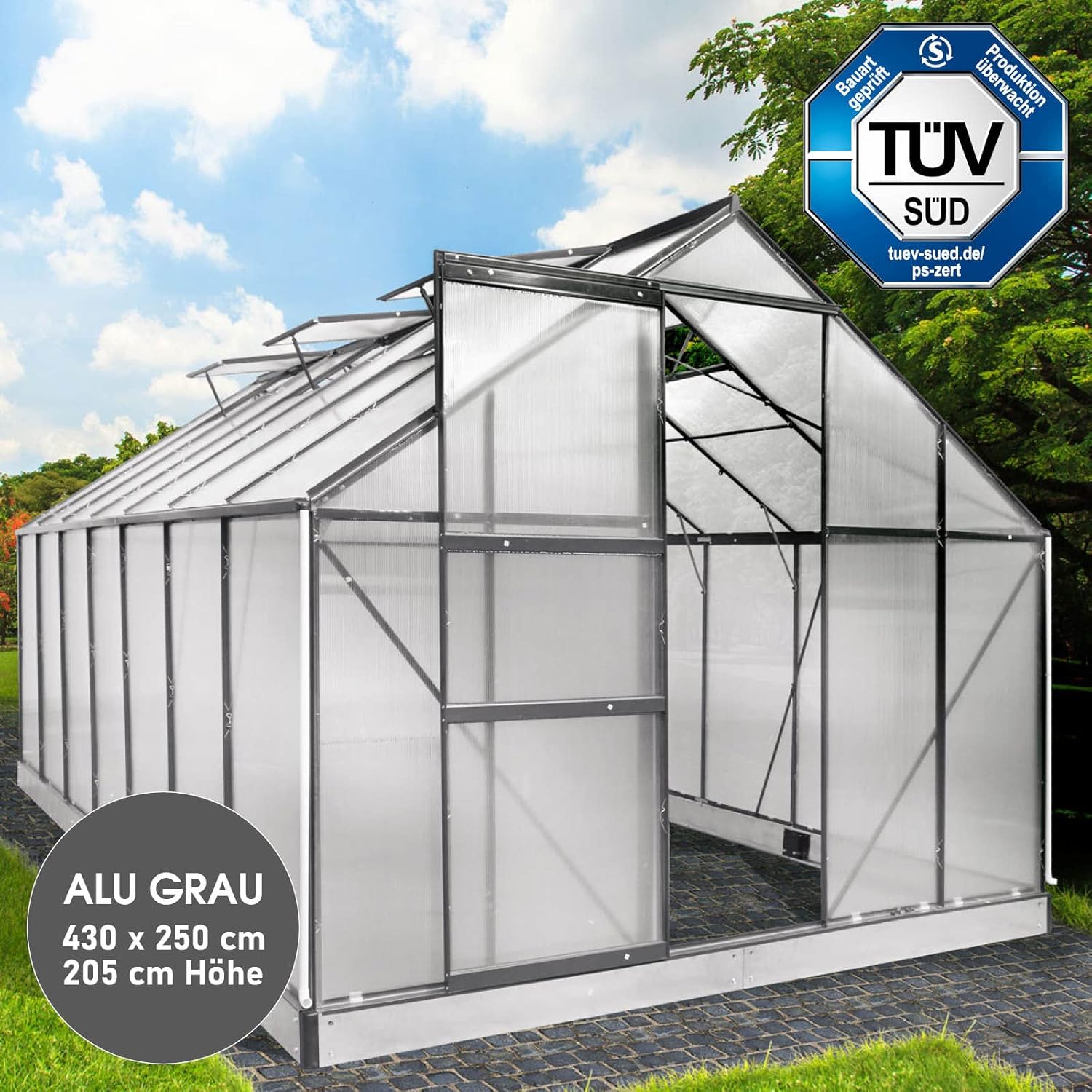 BRAST Aluminium Greenhouse with Base 430 x 250 x 205 cm, TÜV Tested, 6 mm Hollow Chamber Panels, Rustproof/Weatherproof/Temperature-Resistant