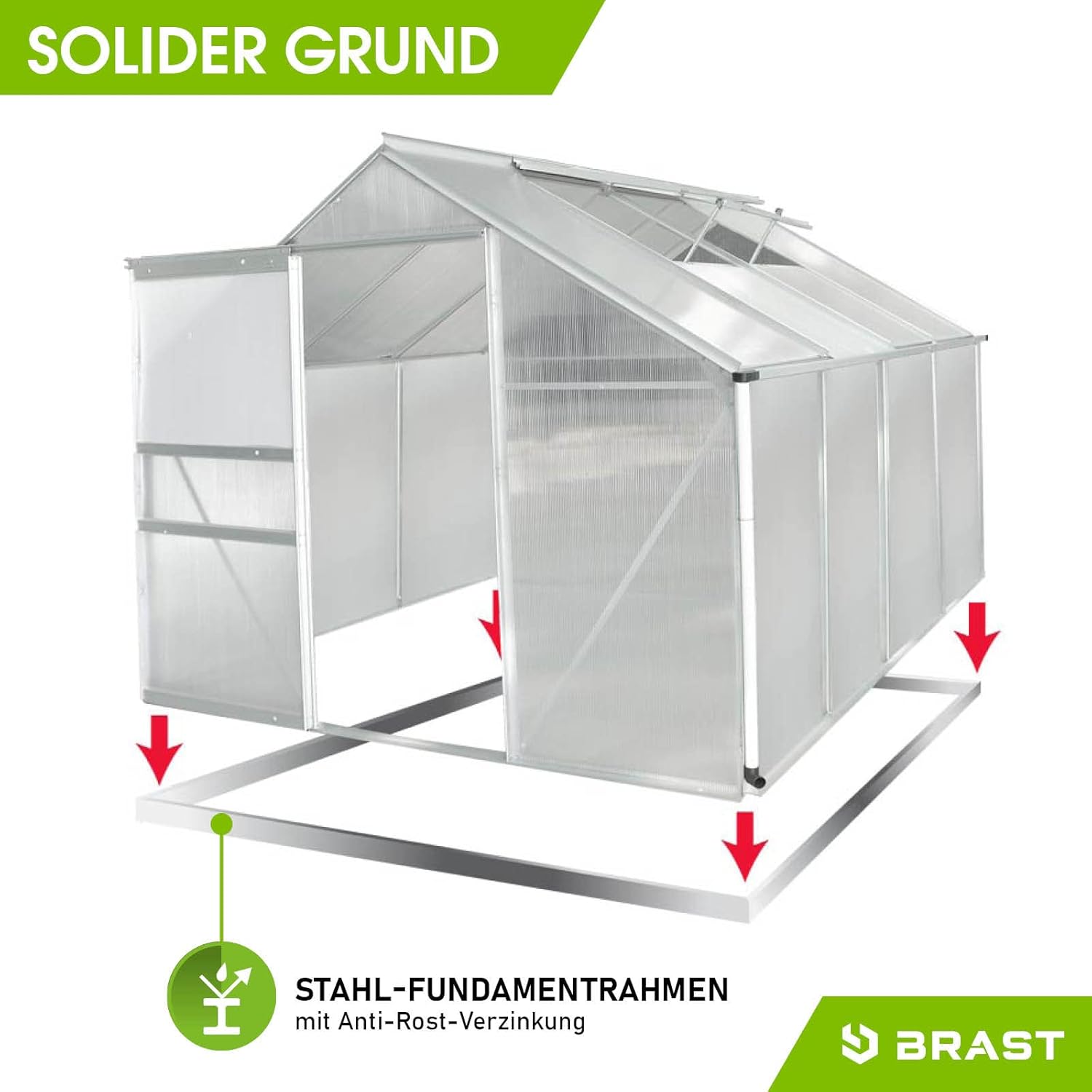 BRAST Aluminium Greenhouse with Base, 250 x 250 x 205 cm, TÜV Tested, 6 mm Hollow Chamber Panels Rustproof, Weatherproof, Temperature-Resistant