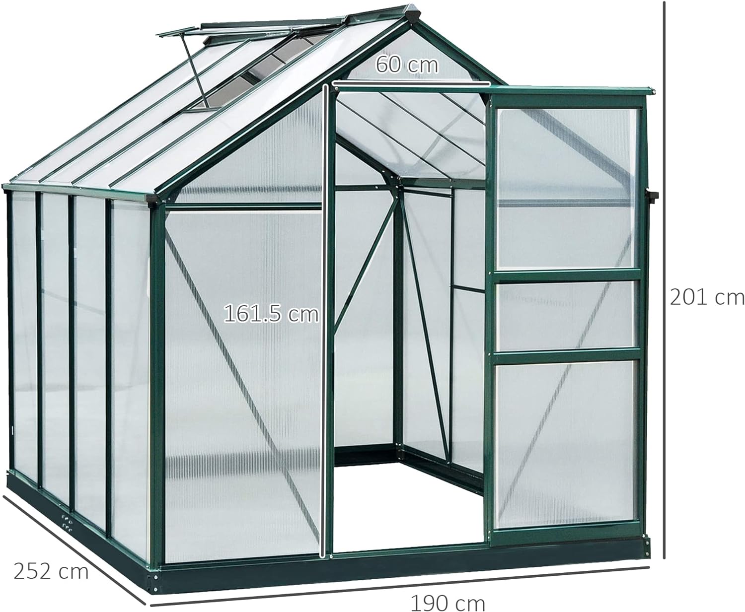 Outsunny 6 x 8ft Polycarbonate Greenhouse, Large Walk-In Green House with Slide Door and Window, Garden Plants Grow House with Aluminium Frame and Foundation, Dark Green