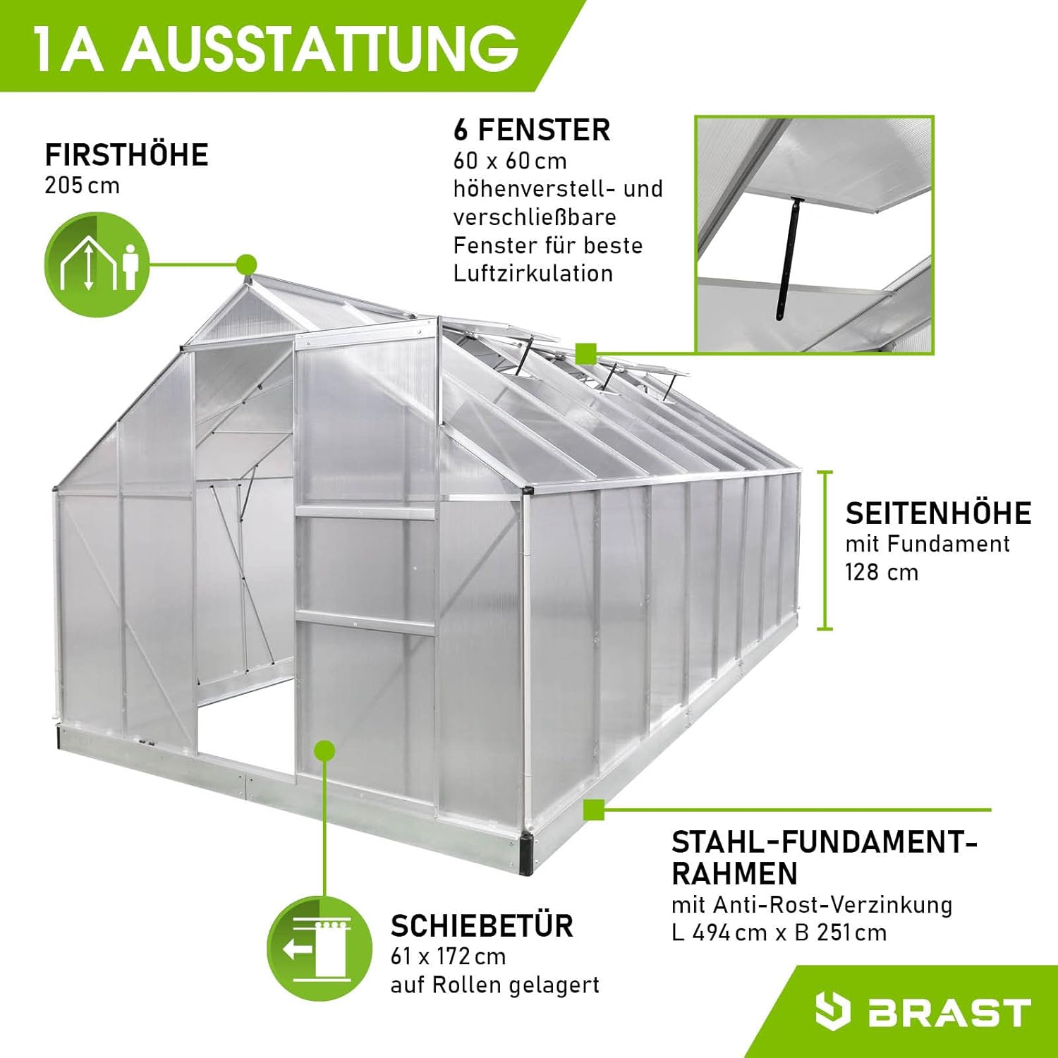 BRAST Aluminium Greenhouse with Base 490 x 250 x 205 cm, TÜV Tested, 6 mm Hollow Chamber Panels, Rustproof/Weatherproof/Temperature-Resistant