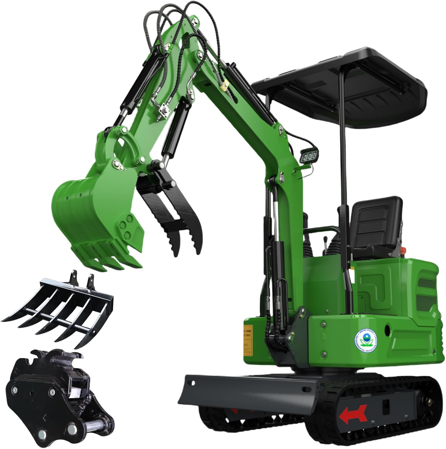 Domestic Gasoline Mini Excavator for Fathers Day, 1.2 Tons Crawler Digger with 13.5 HP B&S Engine, Hydraulic Thumb Clamp and Buckets, Work for Farm,Garden,Park,Construction Landscaping (Green1)