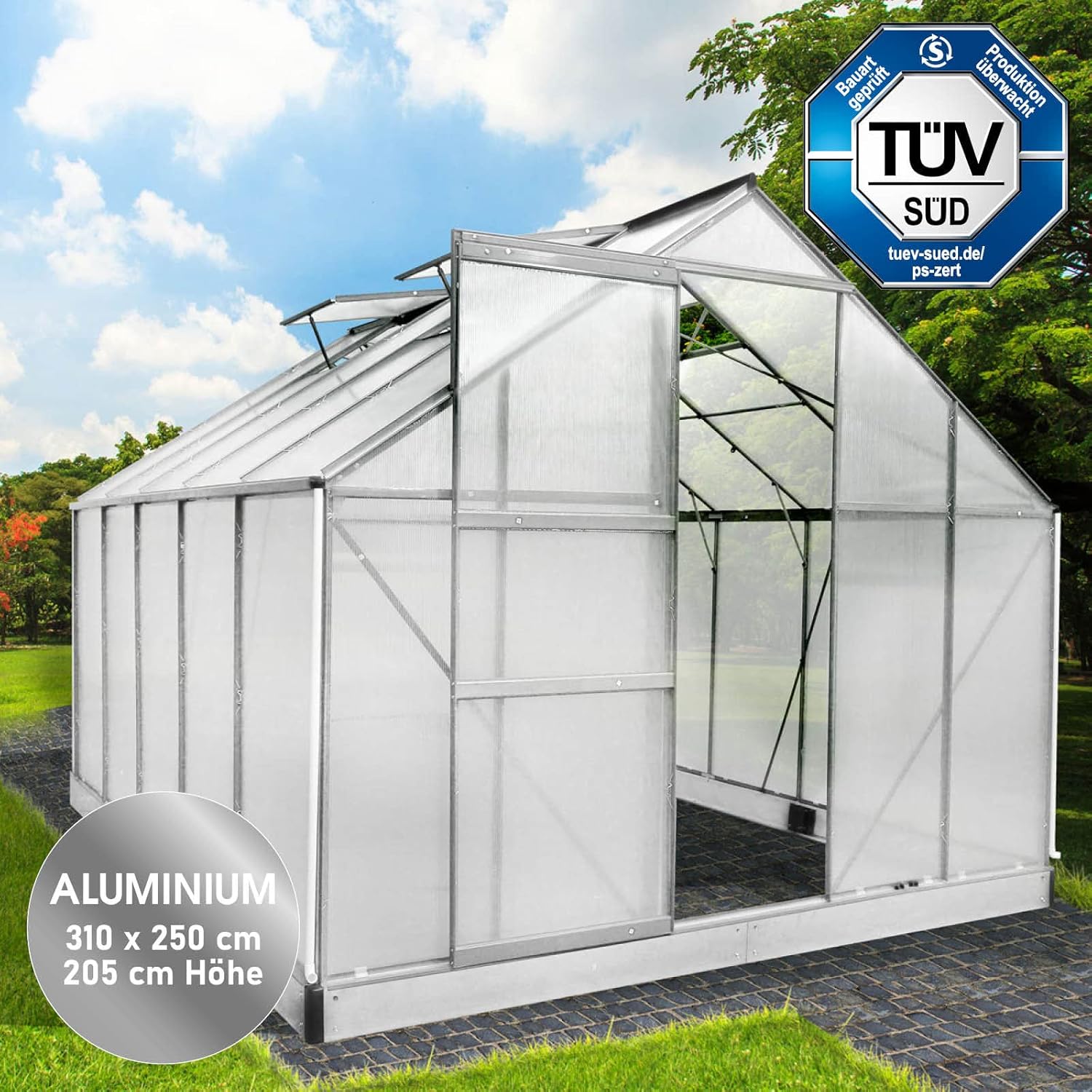 RAST Aluminium Greenhouse with Base 310 x 250 x 205 cm, TÜV Tested, 6 mm Hollow Chamber Panels, Rustproof/Weatherproof/Temperature-Resistant