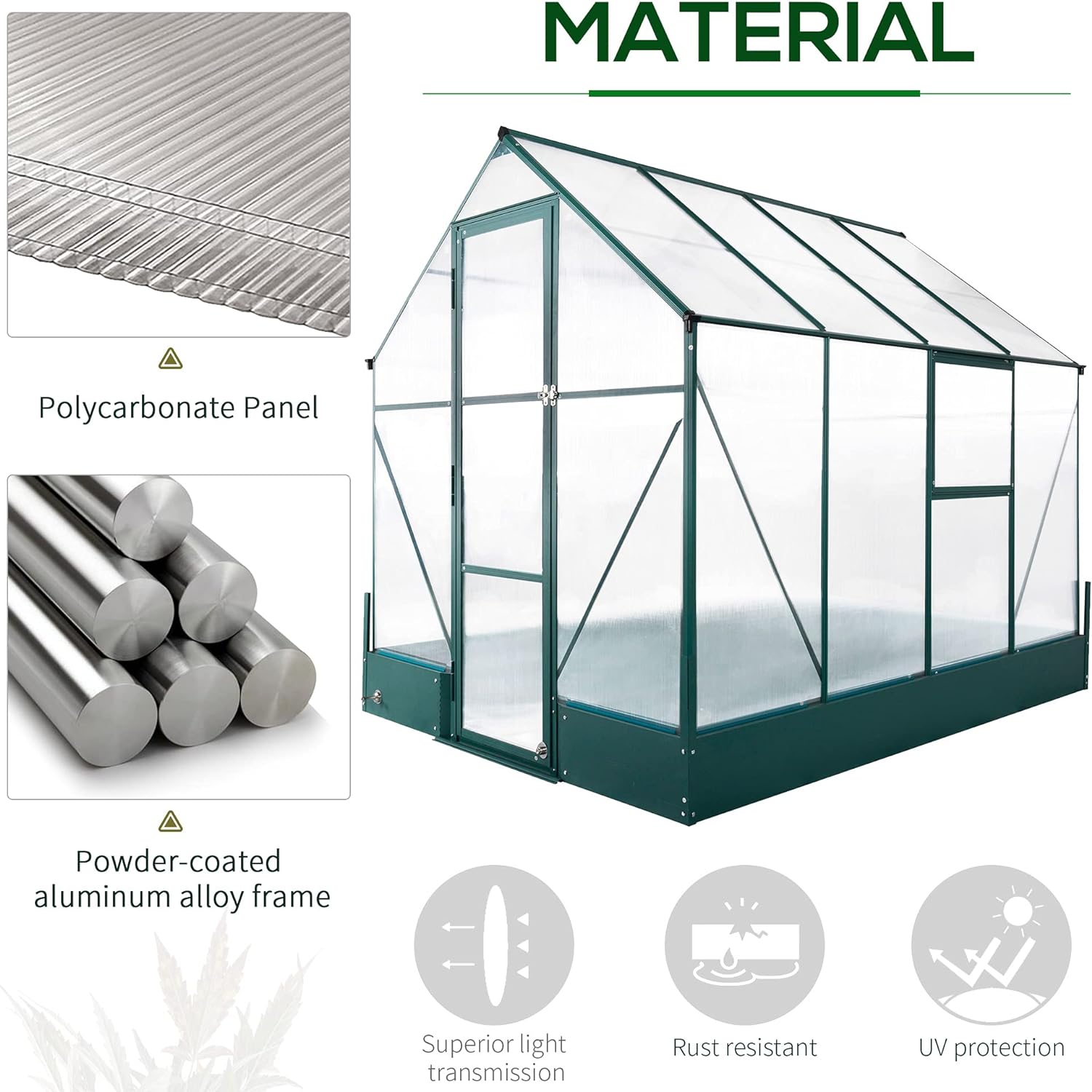 Outsunny Garden Walk-in Aluminium Greenhouse Polycarbonate with Plant Bed ,Temperature Controlled Window, Foundation, 6 x 8ft