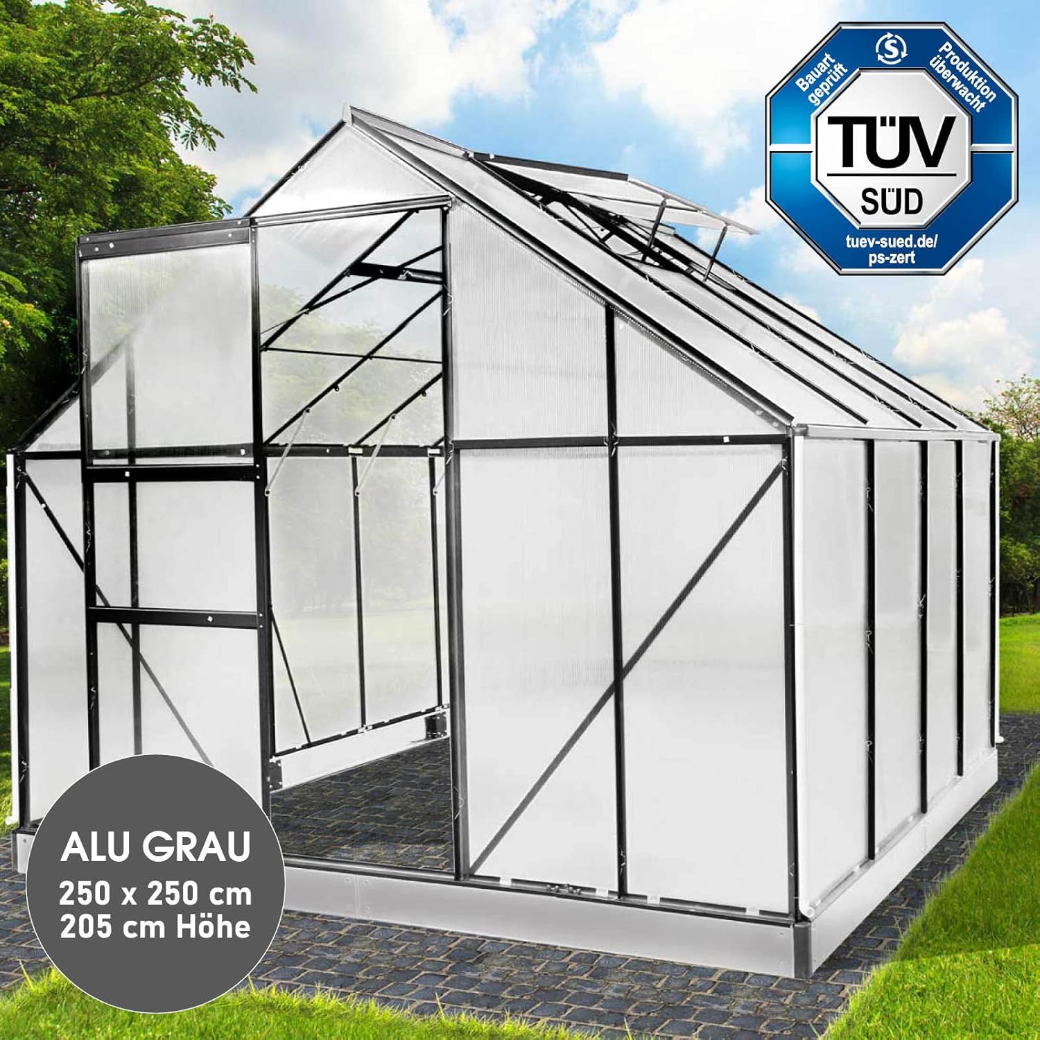 BRAST Aluminium Greenhouse with Base, 250 x 250 x 205 cm, TÜV Tested, 6 mm Hollow Chamber Panels Rustproof, Weatherproof, Temperature-Resistant