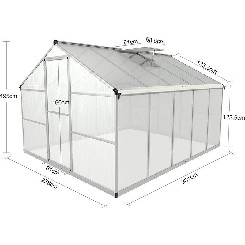 Gegaden Aluminium Greenhouse for the Garden, with 8 cm Thick Base, 301 x 238 x 195 cm, Versatile, Can be used as a Greenhouse, Garden Shed, Tomato Cultivation House, Cold Frame and Plant House