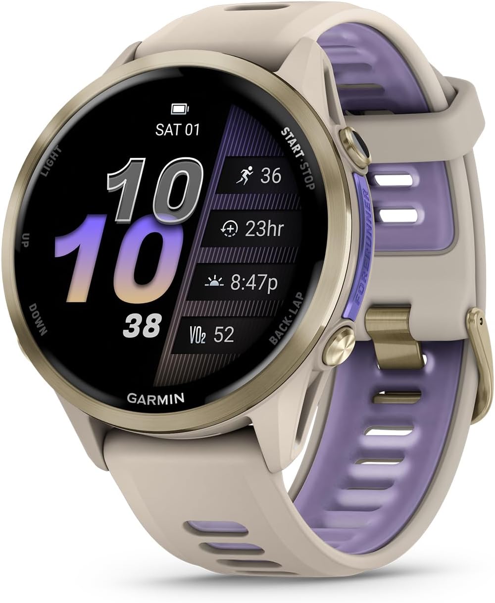Garmin® Forerunner® 970, Premium GPS Running and Triathlon Smartwatch, AMOLED Display, Built-in LED Flashlight, Soft Gold Titanium with French Gray Case and French Gray/Translucent Indigo Band