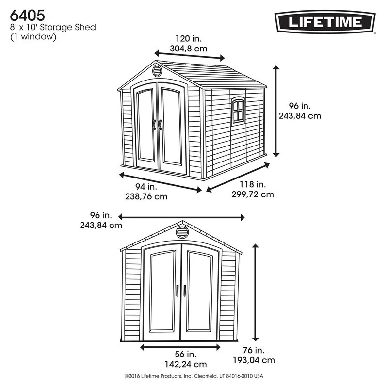 8 feet. Width x 10 feet. D plastic traditional storage shed