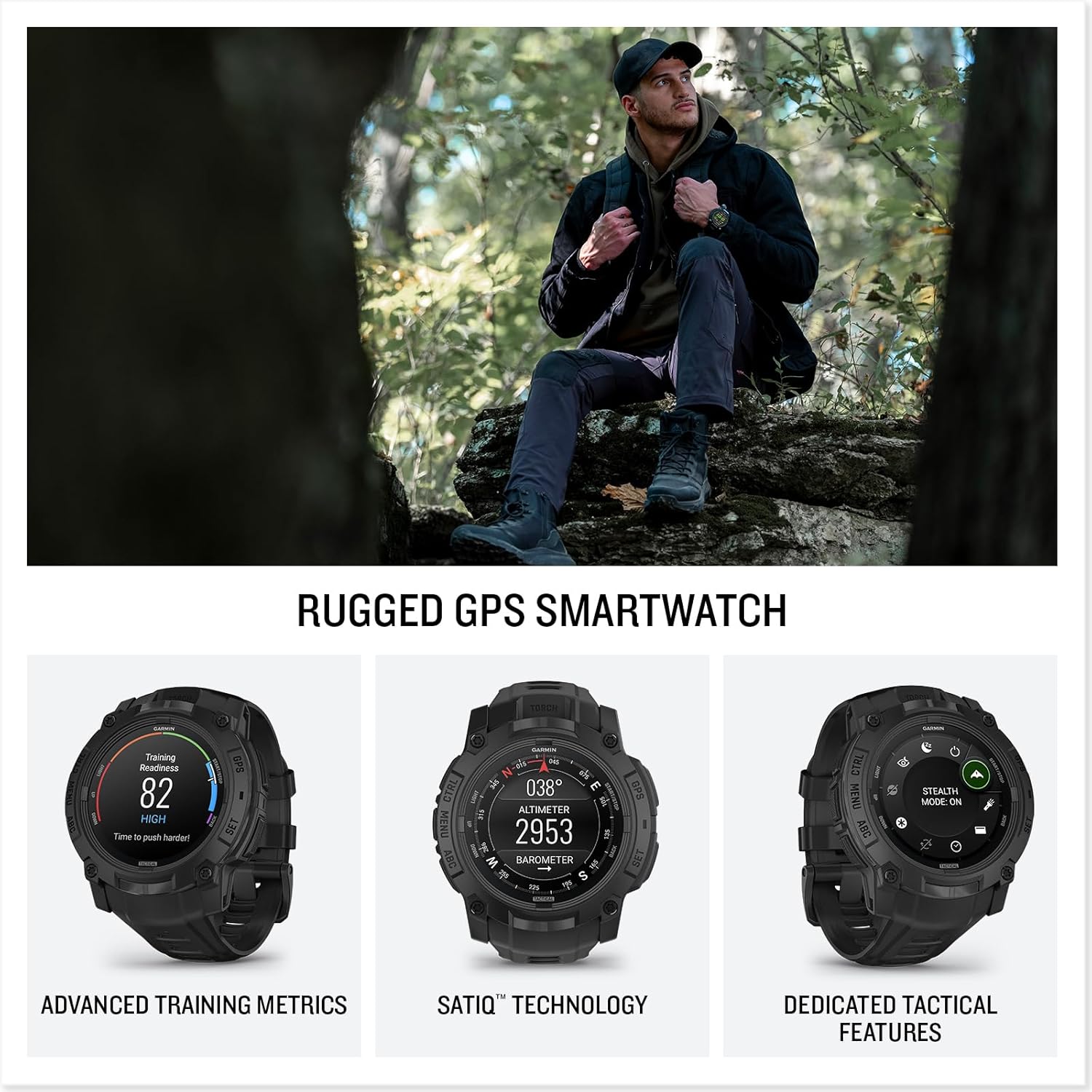 Garmin Instinct® 3 Tactical Edition, 50mm, Solar Charged Display, Rugged Outdoor GPS Smartwatch
