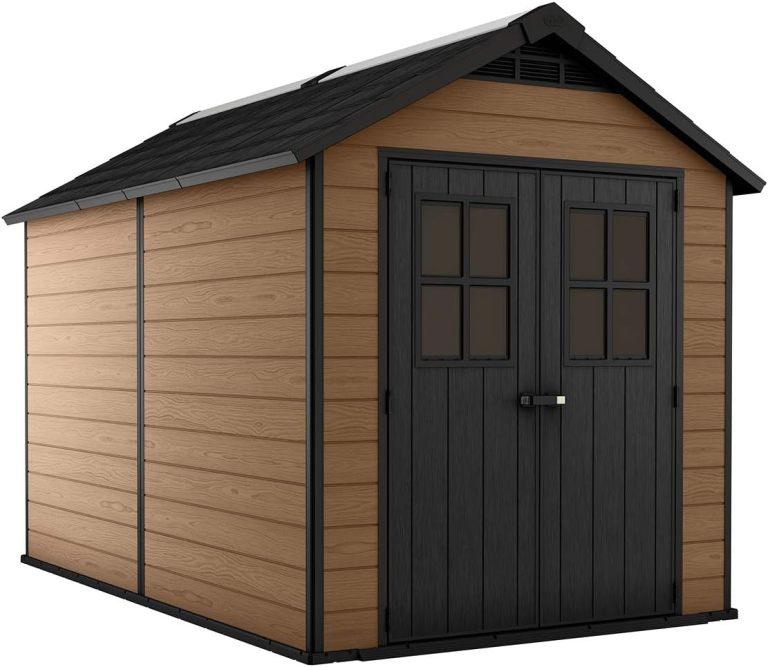 Keter Newton 7.5x11 Large Resin Outdoor Storage Shed Kit – Perfect to Store Patio Furniture, Garden Tools, Bike Accessories, and Lawn Mower, Mahogany Brown