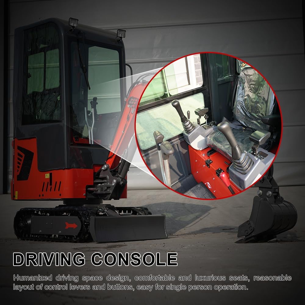 1.4T Mini Excavator with Cab, 13.5HP B&S Engine, Pilot Controls for Construction Landscaping, Includes Mechanical Thumb & Quick Coupler, Side Swing Booml, Includes delivery & unloading services
