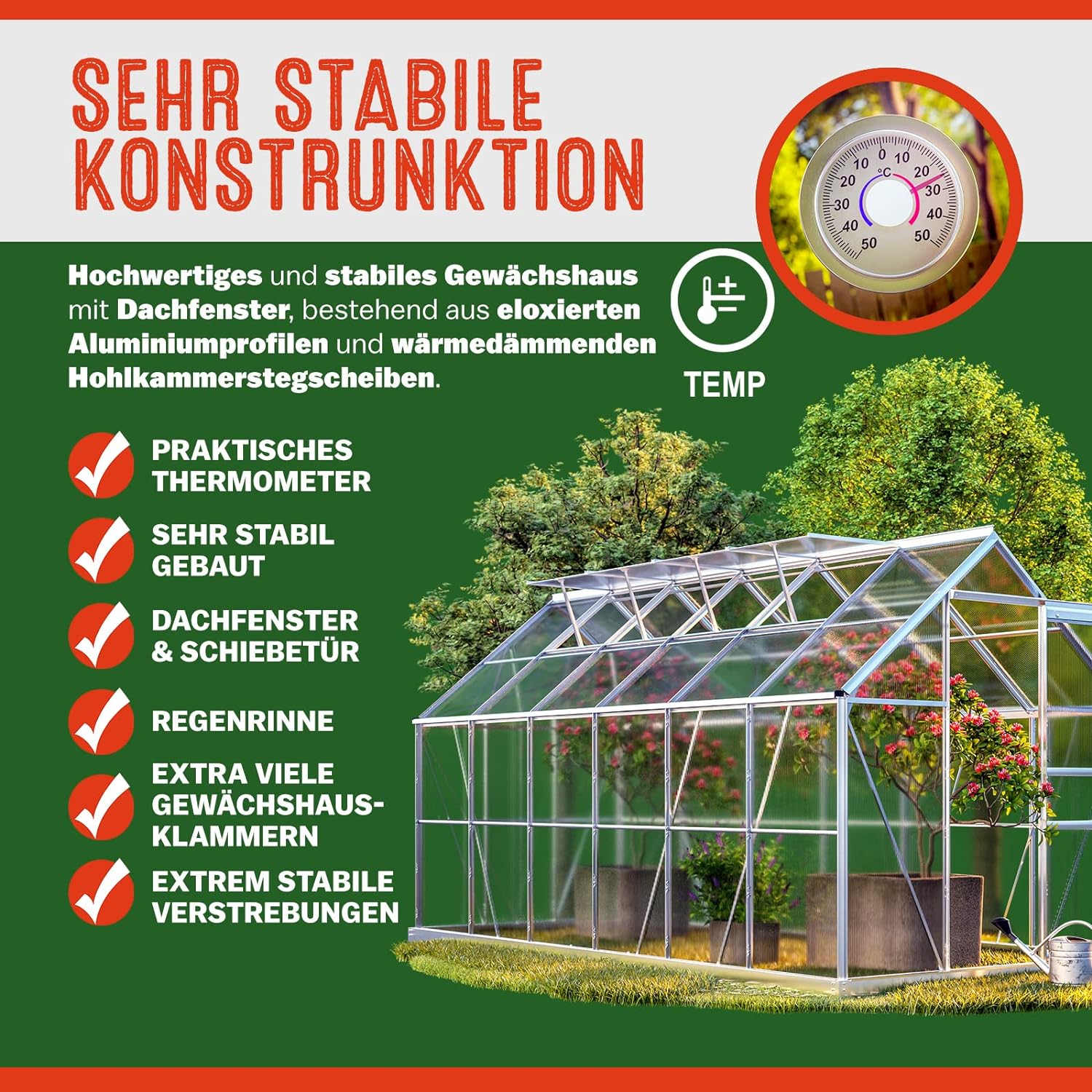 Gardebruk Aluminium Greenhouse 11,73m³ outdoor shelter for Plants, Vegetables Fruits 380x190cm 4 windows