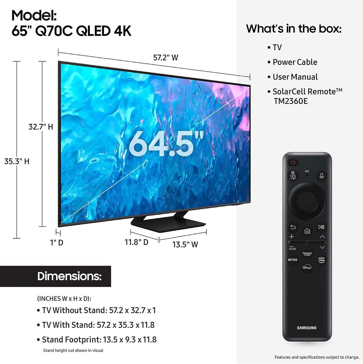 SAMSUNG 65-Inch Class QLED 4K Q70C Series Quantum HDR, Dual LED, Object Tracking Sound Lite, Q-Symphony, Motion Xcelerator Turbo+, Gaming Hub, Smart TV with Alexa Built-in