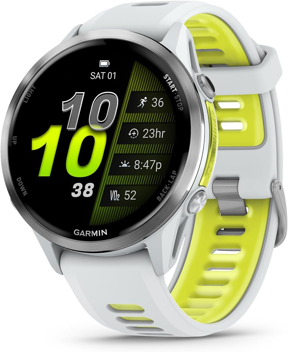 Garmin® Forerunner® 970, Premium GPS Running and Triathlon Smartwatch, AMOLED Display, Built-in LED Flashlight, Soft Gold Titanium with French Gray Case and French Gray/Translucent Indigo Band