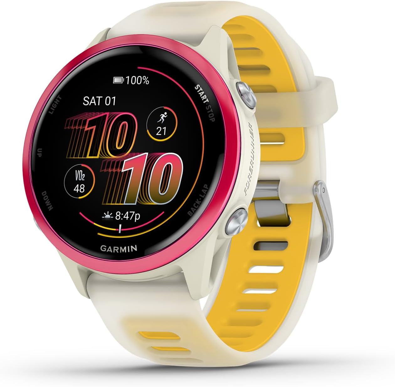 Garmin® Forerunner® 570, 42mm, Advanced GPS Running and Triathlon Smartwatch, AMOLED Display, Training and Recovery Features, Raspberry Aluminum with Translucent Bone/Mango Band