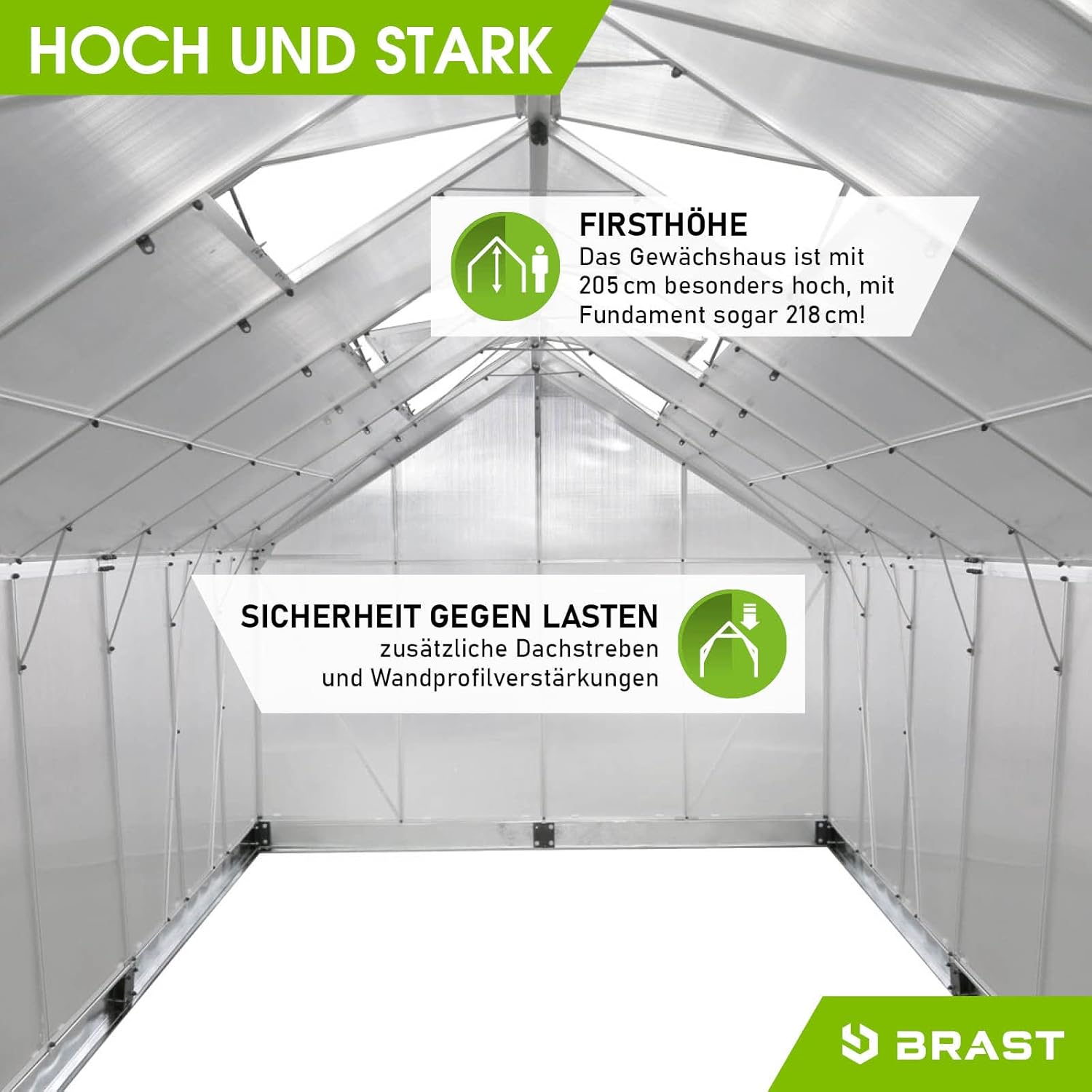 BRAST Aluminium Greenhouse with Base 490 x 250 x 205 cm, TÜV Tested, 6 mm Hollow Chamber Panels, Rustproof/Weatherproof/Temperature-Resistant